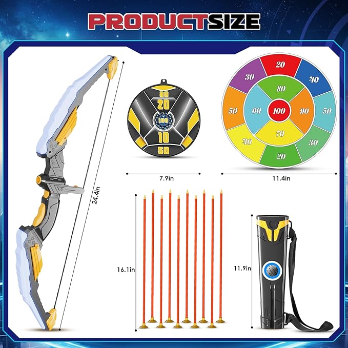Kids Bow and Arrow Set LED Light Up Archery Set with 10 Suction Cup Arrows, 2 Archery Targets Indoor Outdoor Games for Kids Ages 4-8 8-12 Birthday Gifts Toys for 5 6 7 8 9 10 11 12 Year Old Boys Girls