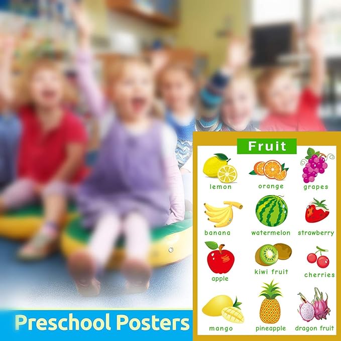 SANTSUN 2 Pcs of Set Educational Preschool Poster for Toddlers and Kids|Great for Nursery Homeschool Kind Classroom decorations|School Wall Decor-Fruits,Vegetables(17x24in)