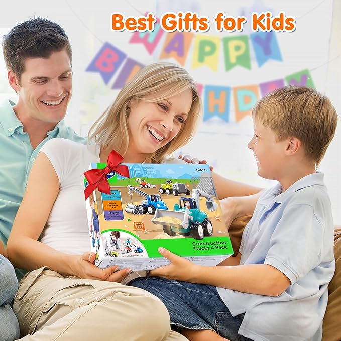 Inertia Trucks Toy Cars, Early Educational Baby Boy Toys 18 Months, Push and Go Cars Gifts for Boys & Grils, 4PCS Construction Vehicles for Toddler Outdoor & Indoor