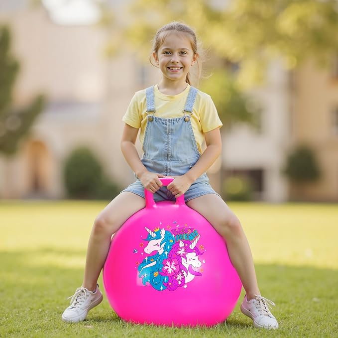 ZOOJOY Hopper Ball, Pink Bouncy Balls for Kids, 20 Inch Sit on Jumping Toys with Handle for Girls Gift Aged 6-12, Inflatable Unicorn Bounce Hopper Balls Toy with Pump