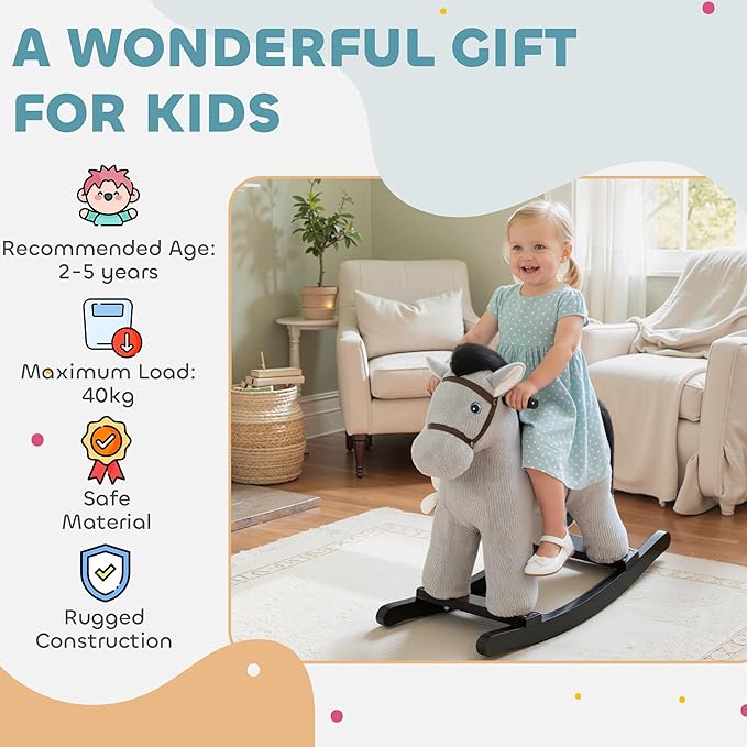 Qaba Rocking Horse, Kids Plush Animal Rocker with Realistic Neighing Sound for Toddlers 2–5 Years Old, Soft Filling Ride on Horse with Rabbit Toy, Gray