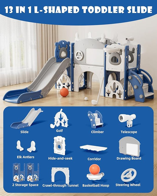 YUFU 13 in 1 Kids Slide for Toddlers, Toddler Slide Playset with Golf, Drawing Board, Climber, Basketball Hoop and Storage Space, Indoor Outdoor Toddler Playground for Kids Age 1-3 (Blue)