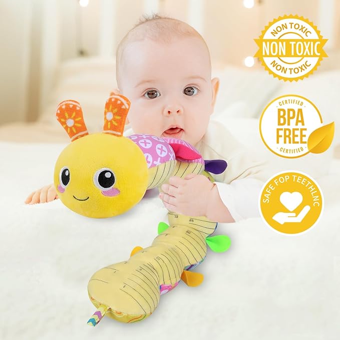 KMUYSL Baby Toys 0-12 Months, Musical Animal Stuffed Toy with Crinkle, Rattles & Lullaby, Plush Toy for Infant Newborn, Yellow Fabric Cotton