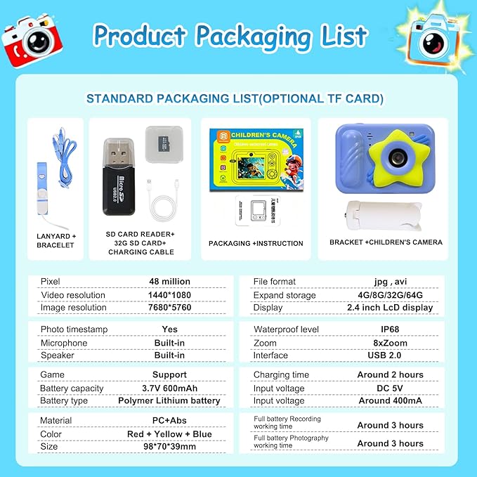 IP68 Waterproof Camera for Kids,Underwater Toys Camera with Dual Lens, 48MP 1080P Digital Camera with 32GB Card & 8X Zoom, Fun Birthday for Boys and Girls Ages 3-12 (Star, Blue)