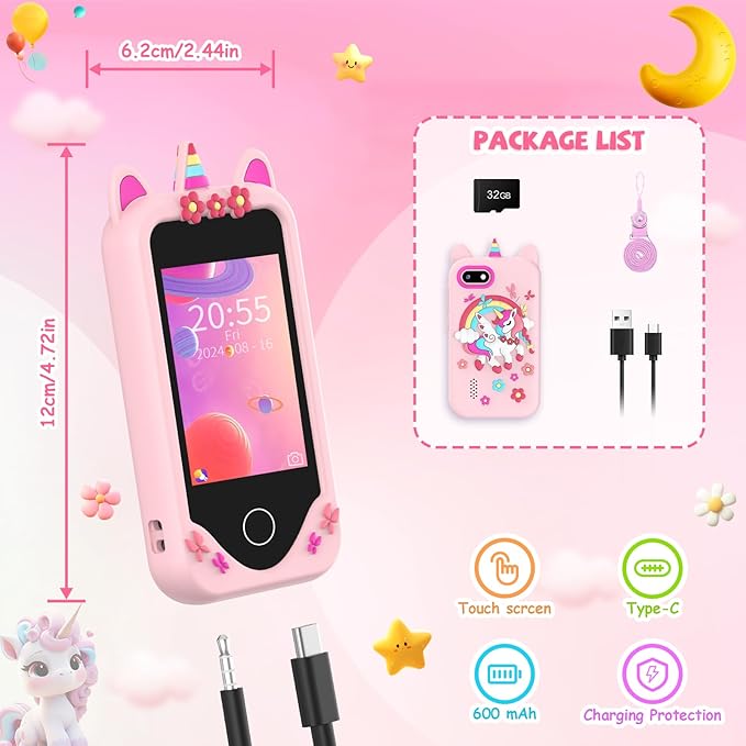 Kids Smart Phone for Girls Gifts - Toddler Christmas Birthday Gift for Age 3 4 5 6 Year Old, Kids Cell Phone Toy with Touchscreen, Dual Cameras, Learning, Kid Mp3 Player, Games with 32 GB Card