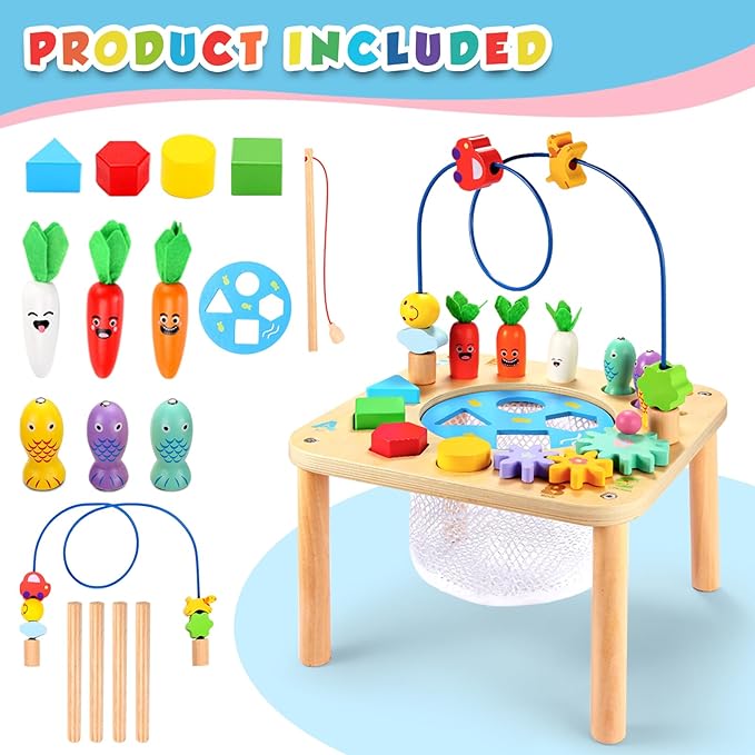 wingyz Activity Table, 6 in 1 Wooden Montessori Activity Center with Bead Maze Shape Sorter Fishing Game, Kids Sensory Play Table Toddler Toys 1st Birthday Gifts Boy Girl
