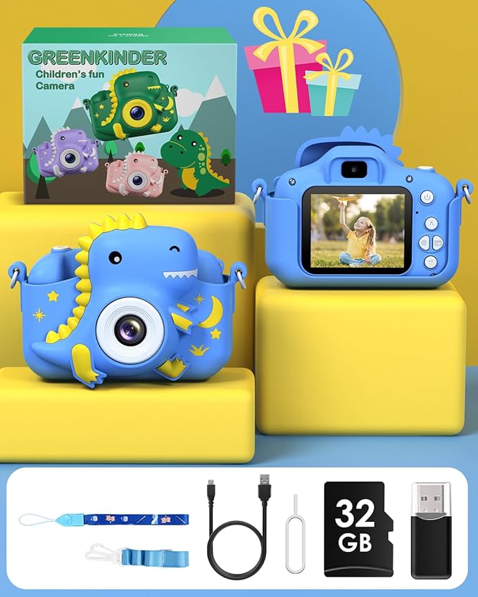 Kids Camera, Dinosaur Toddler Digital Camera for Boys Girls, Christmas Birthday Gifts, Selfie 1080P Camera for 3 4 5 6 7 8 9 Years Old Toys Dark Blue
