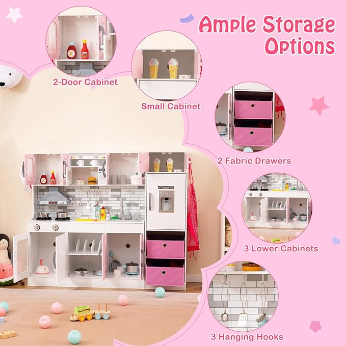 Costzon 2-Piece Kids Kitchen Playset, Wooden Play Kitchen with Water Circulation, Lights and Sounds, Range Hood, Ice Maker, Interactive Toy Kitchen & Play Refrigerator for Kids Toddlers Ages 3+ (Pink)