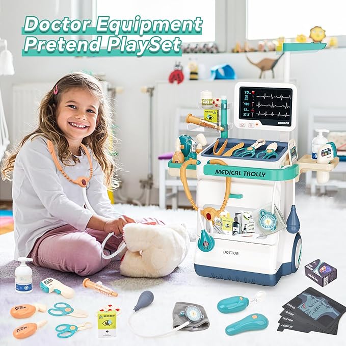 Doctor Kit for Kids 28 Accessories Pretend Medical Station Set Mobile Cart with Lights,Thermometer, Stethoscope and Doctor Costume Role Play Role Play Educational Toys for Boys & Girl Toddlers