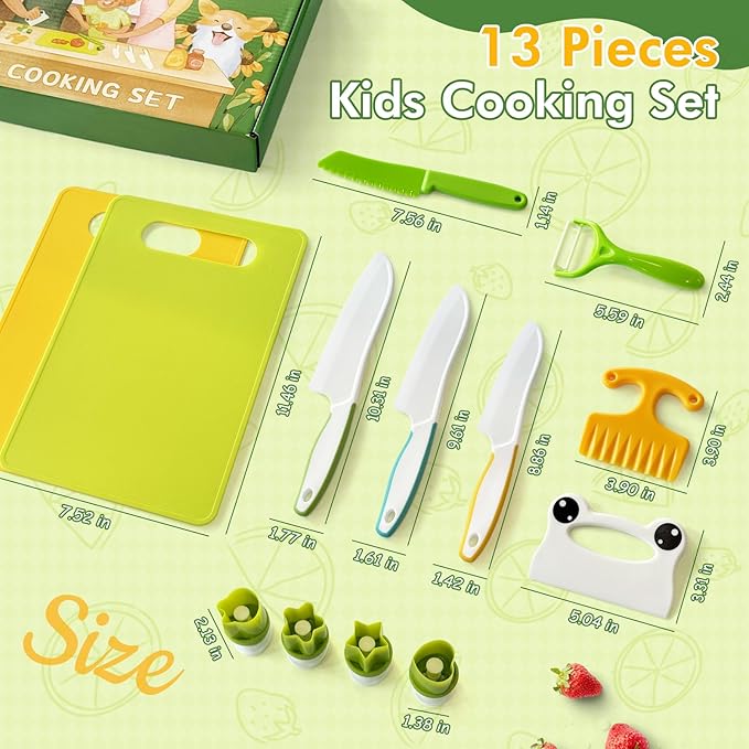 Chanking 13 Pieces Kids Knife Set for Real Cooking Child-Friendly Plastic Chef Tools, Montessori Kitchen Toys, Gifts for Boys and Girls Ages 4+