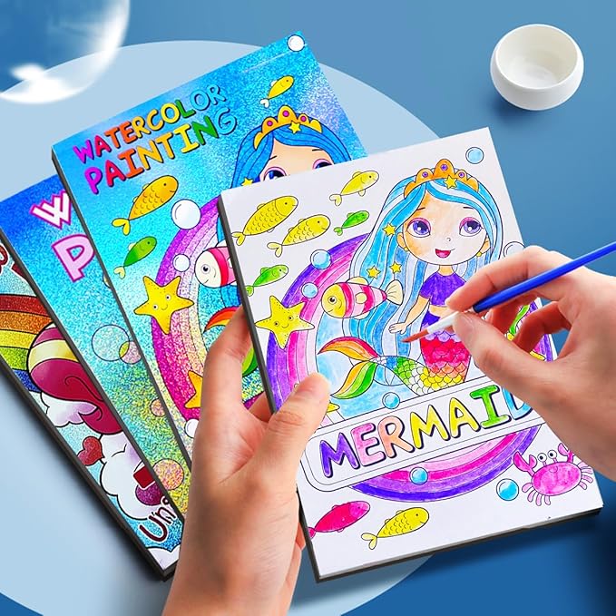 JUNQIU Water Color Paint Sets for Kids, Watercolor Painting Coloring Books for Toddlers, Paint with Water Books for Kids Ages 4-8, Art Craft Kits for Girls Boys Drawing with Brush