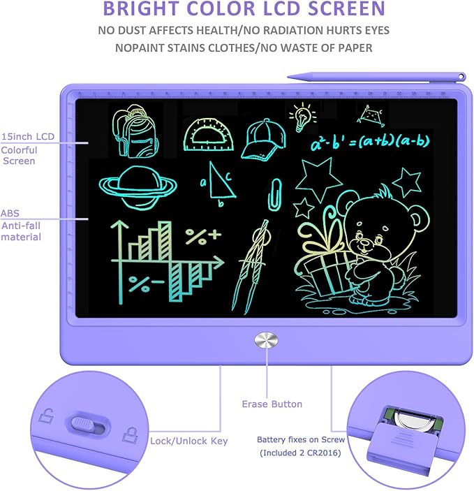 FLUESTON LCD Writing Tablet, Doodle Board Toys Gifts for 3-8 Year Old Girls Boys, 12 Inch Colorful Electronic Board Drawing Pad for Kids, Christmas Gifts for Toddler Educational Learning Travel,Purple