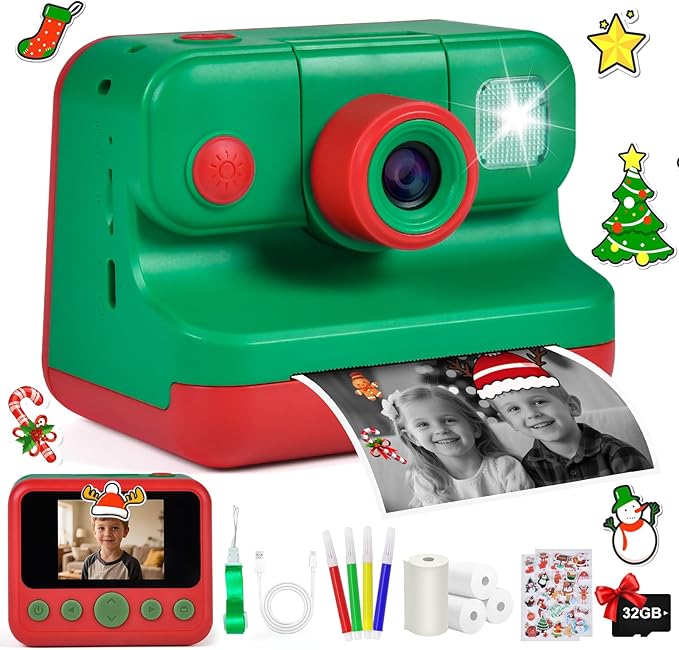 Kids Instant Print Camera, 30MP 1080P HD Digital Camera for Boys Girls with Color Pens & 32GB Card, Christmas Birthday Gifts Kids Toys for 3-12 Years Old (Red_Green)