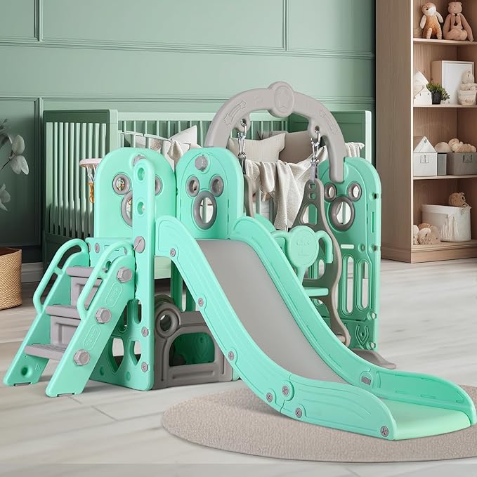 Arlopu 7 in 1 Toddler Slide and Swing Set, Kids Climber Playset with Ball & Hoop, Telescope, Suction Cup Reinforced Base, Baby Indoor Outdoor Playground (Light Green)