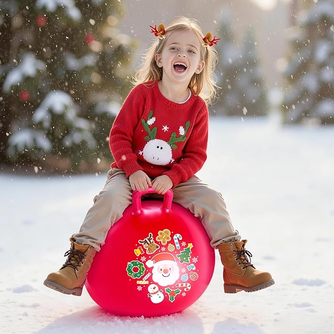 ZOOJOY Hopper Ball for Girls & Boys 3-8, Santa Claus Red 18in Bouncy Ball with Handle for Kids, Christmas Hopping Toys Indoor and Outdoor Play Includes Pump