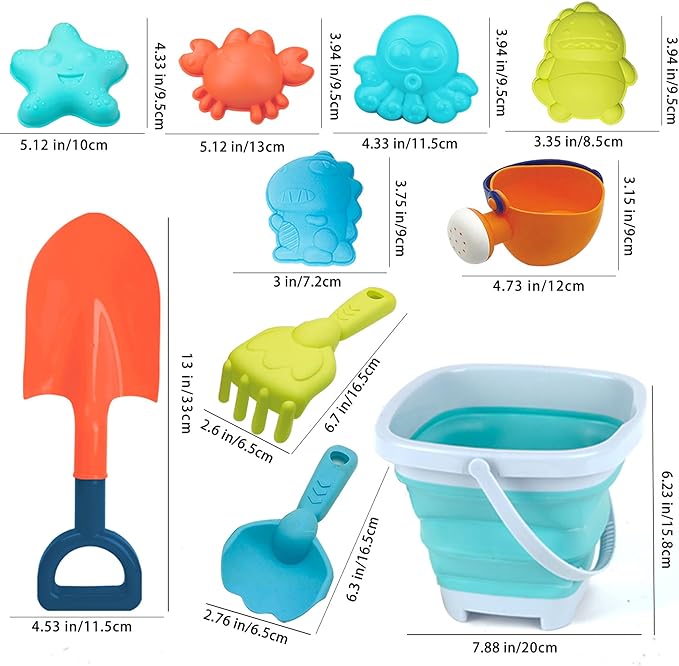 Beach Toys Set for Kids -Collapsible Sand Bucket&Mesh Beach Bag and Shovels Sand Rake Toy 11Pcs Set, Animal & Dinosaur Molds,Fork,Rake&Watering Can for Toddlers Ages 3+
