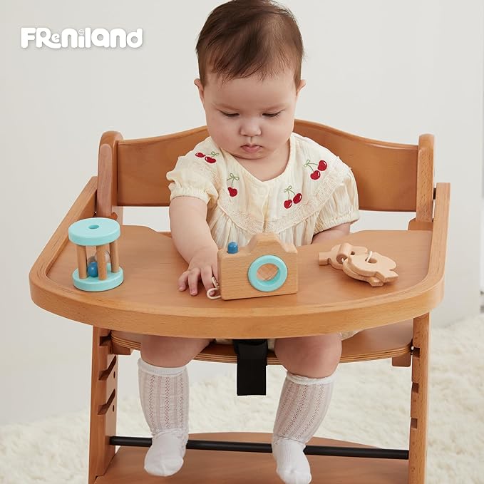 FReniland Wooden Montessori Toys, 3-Piece Wooden Baby Toys, Rotating Drum Toy, Camera Kaleidoscope Toys, Baby Key Rattles,Newborn Baby Gift Sets for Boys and Girls