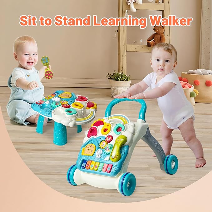 Sit to Stand Baby Walker, Activity Center with Music and Light, Activity Table for Toddlers, Push Toys for Babies Learning to Walk, Early Education Toys for Infant Boys Girls 6 Months Up (Blue)
