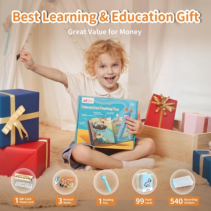 alilo Talking Pen Books Sets for Toddlers 3-6, Kids Learning Electronic Toys, Early Educational Gifts for Boys Girls, with 3 Interactive Audio Sound Books, 100 Talking Flash Cards, Alphabet