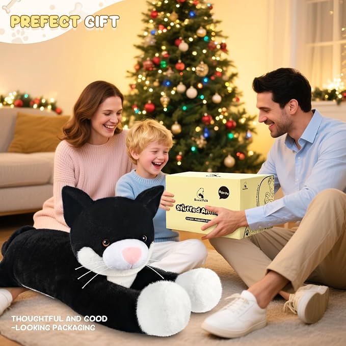 43 inch Black and White Cat Stuffed Animal, Lifelike Tuxedo Cat Plush Toy for Stress Relief & Companion, Extra Soft Giant Stuffed Animals, Giant Plushies Gifts for Kids Adults