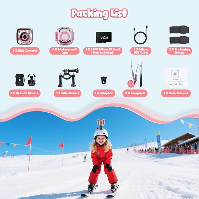 PROGRACE Kids Waterproof Camera - Birthday for 3-12 Year Old Girls 1080P HD Underwater Video Camera for Kids Pool Toys Toddler Digital Cameras with 32GB SD Card Pink