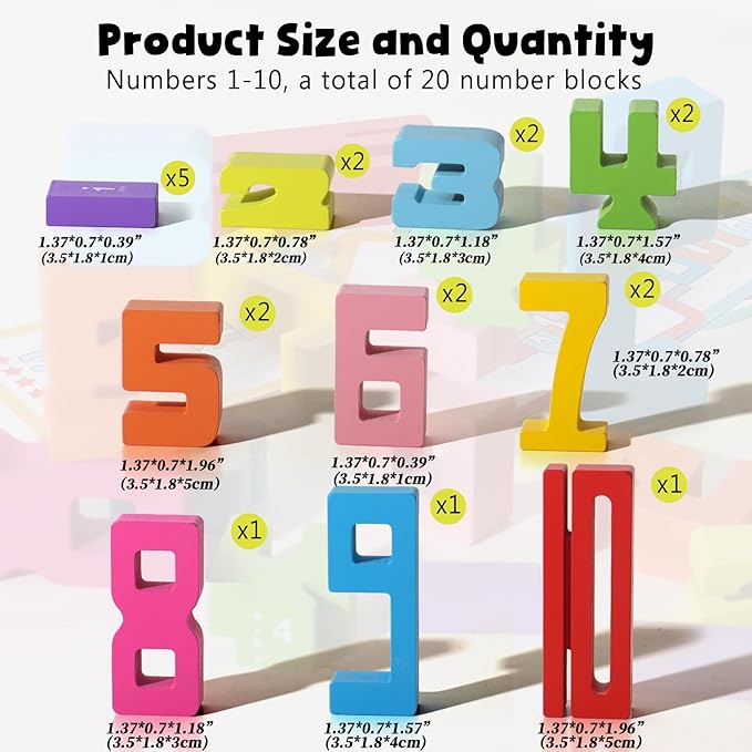 20 Pcs Stacking Wooden Math Numbers Blocks for 3+ Years Old Kids, 1-10 Montessori Toys, Game, Balance Competition, Toddler Learning Toys, Preschool Learning Activities, Wooden Blocks, 3-8 Years
