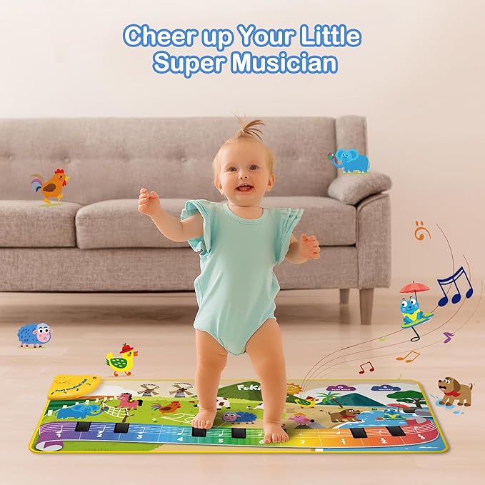 FOKI Toddler Toys Floor Piano Mat with 61 Animal Music Sounds, Baby Kid Sensory Educational Dancing Musical Keyboard Carpet Toy, Record Playback, for 1 to 5 Years Old Boy and Girl