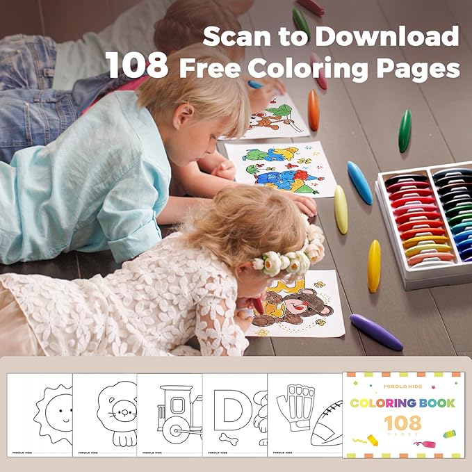 100% Pure Beeswax Crayon for Toddlers 1-3,12 Colors Non-Toxic Crayons with 108 Free Coloring Books PDF Pages, Safe Coloring Gifts for Babies and Toddlers, Mess Free Crayons Art Supplies