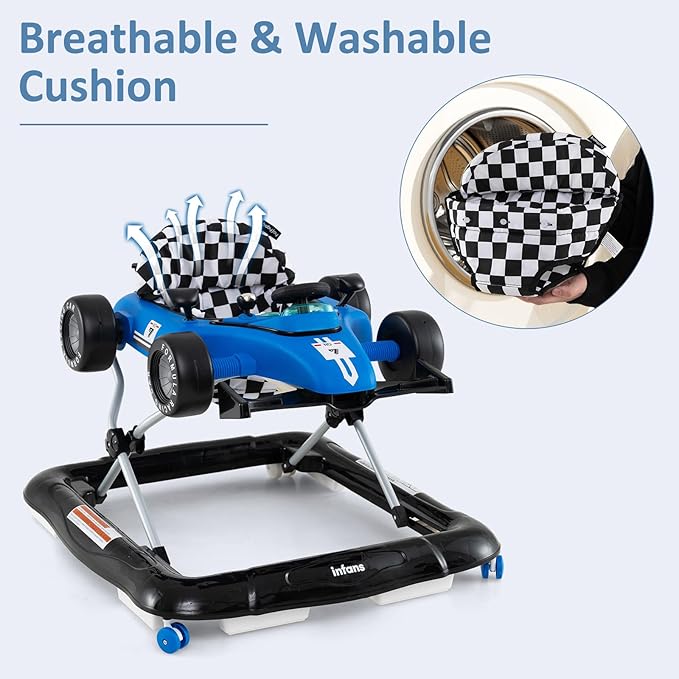 INFANS 4 in 1 Baby Walker, Foldable Toddler Activity Center with Adjustable Height, Padded Seat, Music, Light, Removable Tray, Push Walker for Girls Boys Aged 6-18 Months (Blue)