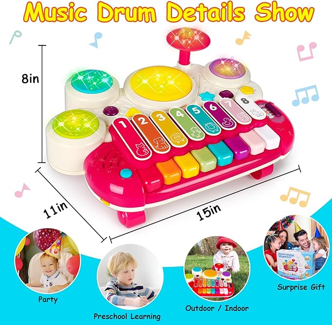 AugToy 3 in 1 Musical Toys for Toddlers 1-3 Piano Xylophone Drum Set Toys for 1 2 3 Year Old Girls Birthday Music Instruments Baby Learning Developmental Sensory Toys Toddler Toys Age 1-2 2-3