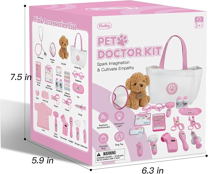 Doctor Kit for Toddlers 3 4 5 Years Old, Kids Veterinarian Playset with Dog Toy, Real Stethoscope & Medical Bag, Pretend Play Doctor Set for Girls Boys Christmas Birthday Gift (Pink)