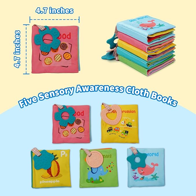 5-Pack Soft Cloth Crinkle Books for Babies 0-3, Washable Non-Toxic Sensory Early Educational Toys, Bath & Learning Cloth Books for Infants, Giftable Preschool Learning Gifts (Five Themes)