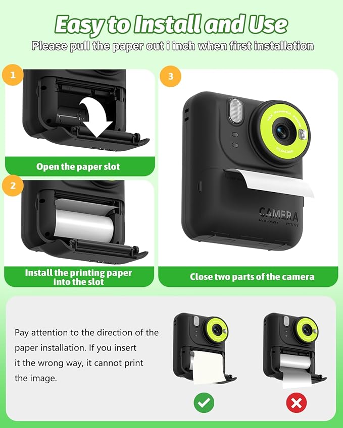 Kids Camera Instant Print Photo, Portable Thermal Printing Camera Toy with HD Digital Video, for 3-12 Years Old Boys Girls, Creativity & Learning (Black)