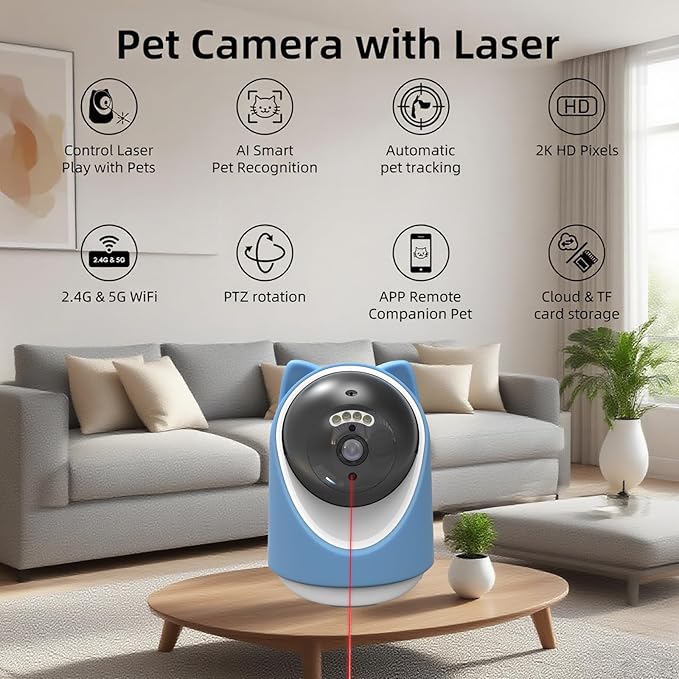 Pet Camera, 2K HD Indoor Dog and Cat Camera with Auto-Tracking & Laser Toy, Home Security Camera with Motion Detection, 2-Way Audio, Night Vision, No Subscription Required(64GB SD Card)