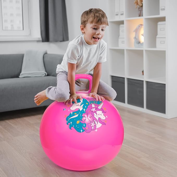 ZOOJOY Hopper Ball, Pink Bouncy Balls for Kids, 18 Inch Sit on Jumping Toys with Handle for Girls Gift Aged 3-8, Inflatable Unicorn Bounce Hopper Balls Toy with Pump