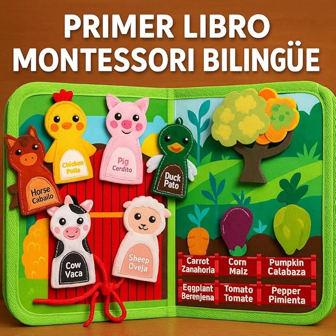 Montessori Bilingual Sensory Book (ES/EN) Children 1-5 Years, Educational Toy and Sensory Play with Activities and Gift Stickers, Interactive Busy Board Style Book, Original Gift for Baby or Child