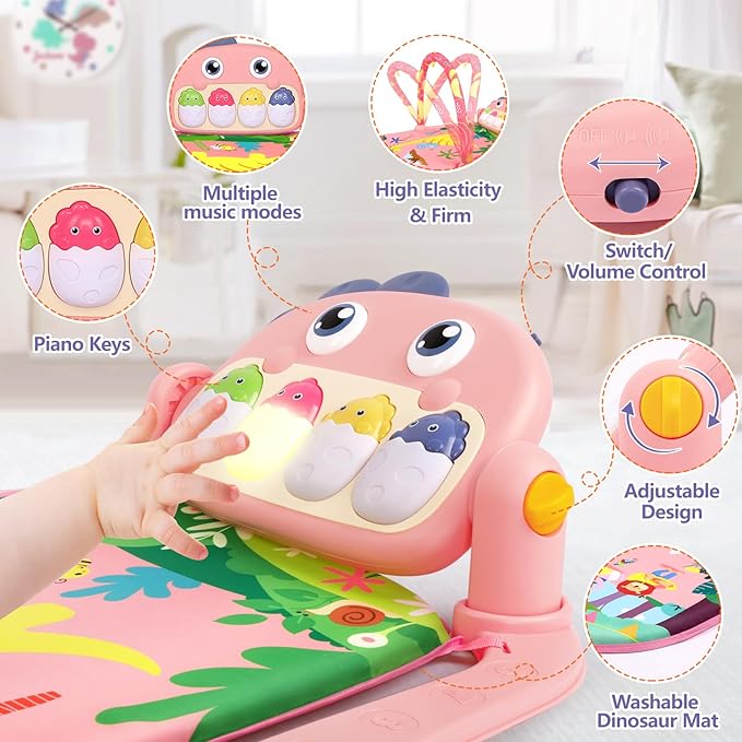 UMIKU Baby Play Mat Baby Tummy Time Mat Infant Newborn Musical Activity Center with High-Contrast Piano Music & Light Newborn Babies Gift for Girl Boy Babies 0-6 6-12 Month Pink Dinosaur