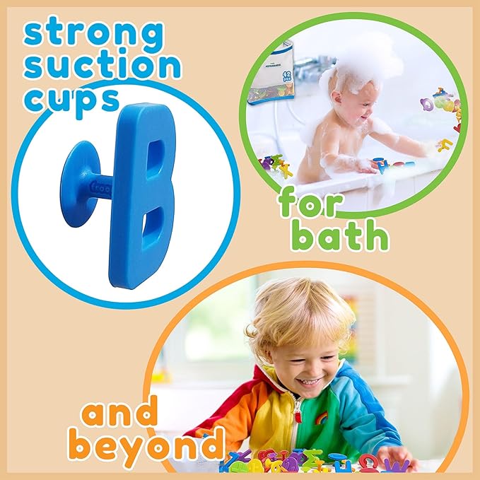 ALPHABATH Suction Bath Toys Alphabet Letters Numbers 42pcs Montessori Stimulating Autism Sensory No Mold Free Preschool Daycare Spelling Math Learn Build Connect Travel Kids Toddlers Ages 1 2 3 Years
