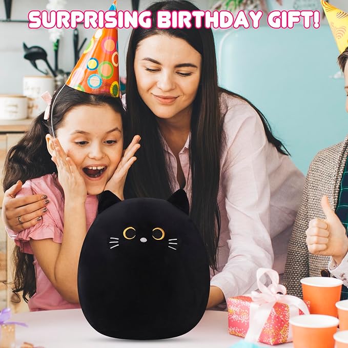 SQEQE Cat Plush Pillow Kawaii Cat Stuffed Animal Fluffy Plushies Doll Toy Soft Animal Shape Design Stuffed Animals Gifts for Kids(Black, 14 inch)