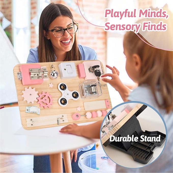 Potatomato Pink Montessori Wooden Busy Board – Sensory Fine Motor Skill Toy for Toddlers – Educational Activity Board for Kids – Travel Fidget Toy for Girls & Boys – Birthday Gift for Autism & ADHD