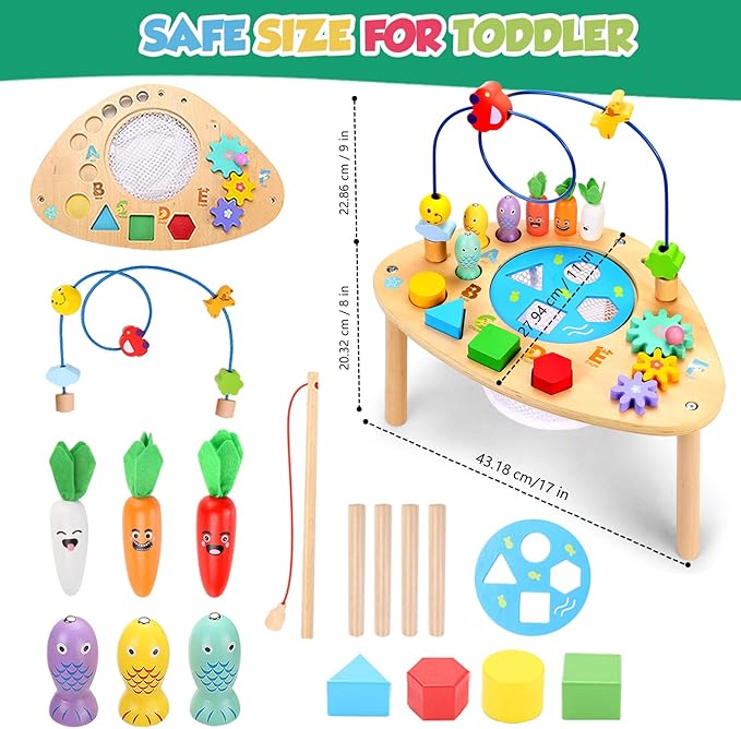 wingyz Activity Table for 1+ Year Old, 6 in 1 Wooden Montessori Activity Center Play Table with Bead Maze Shape Sorter Fishing Game, Kids Sensory Educational Toddler Learning Toys