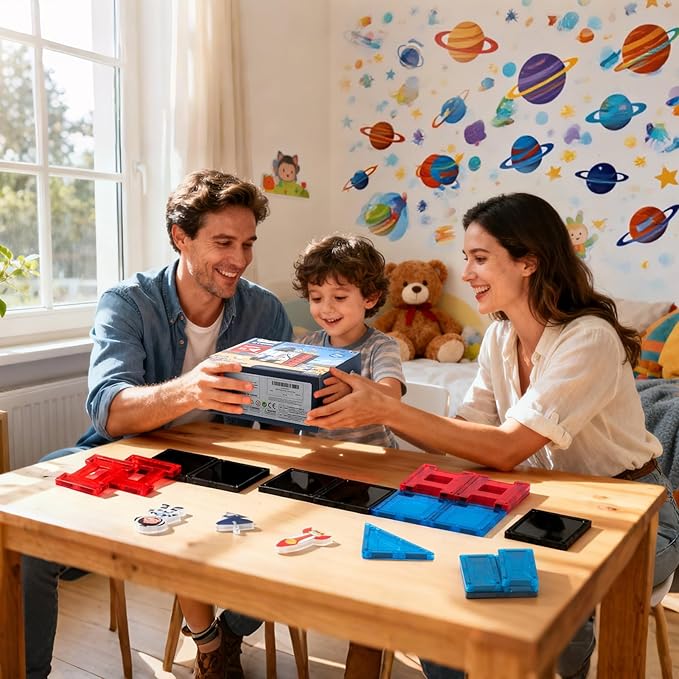 Space Theme Magnetic Tiles Building Set, 30-Piece Construction Toy with Rocket Ship Design, Educational STEM Playset for Kids
