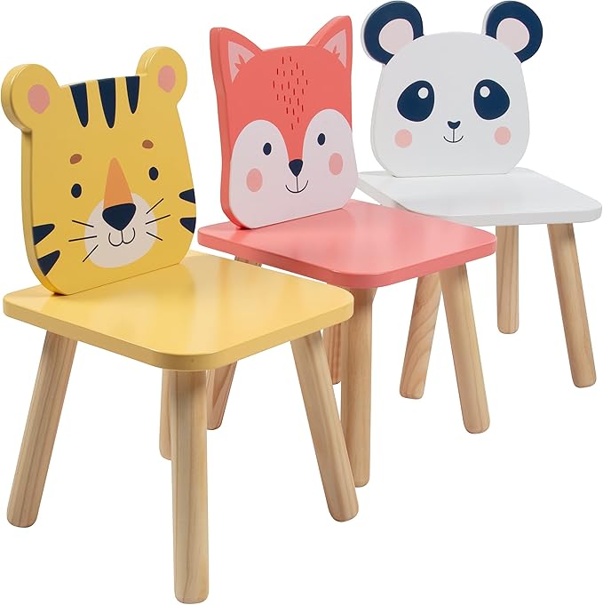 Kids Wooden Animal Table & Chair Set w 4 Seats- Tiger Panda Fox & Adult Stool for Xmas Arts Crafts, Dining, Pretend Play- Durable Playroom Furniture for Home Daycare Classroom- Toddler Activity Center