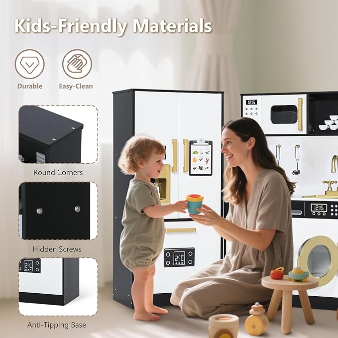 Kinder King Wooden Kids Play Kitchen, Toy Kitchen Playset for Toddler, Play Kitchen Set w/Transparent Coloring Board, Pretend Fridge, Washing Machine, Ice Maker, Gift for Boys Girls Age 3+, Black