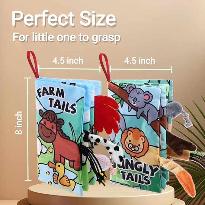 Baby Books, Tummy Time Cloth Baby Toys 0-3-4-6-9-12 Months Touch Feel Soft Crinkle Sensory Book Farm Jungly Tails Girls 6 to 12 Month, Early Learning Toy, Newborn Infant Boy Shower Gifts 2PCS