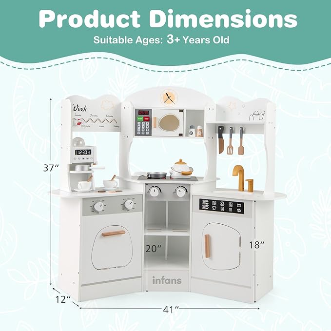 INFANS Corner Kids Kitchen Playset, Toddler Wooden Pretend Cooking Set with Lights Sounds Coffee Machine Washing Machine, Stove Removable Sink Storage Cabinet, Simulation Play Kitchen Toy (White)