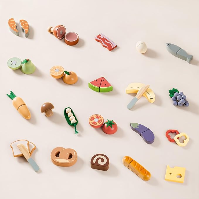 ROBOTIME Wooden Play Food 4-in-1 Cutting Set, Pretend Play Toy Food for Play Kitchen with Shopping Bag – Kids Kitchen Accessories, Wooden Play Food for Boys & Girls