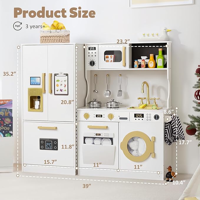 Play Kitchen Sets for Kids, Pretend Wooden Kids Kitchen Playset, Interactive Toy Kitchen with Freezer, Washing Machine, Ice Maker & Large Storage Space, for Boys Girls Ages 3+, White