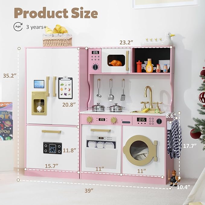 Play Kitchen Sets for Kids, Pretend Wooden Kids Kitchen Playset, Interactive Toy Kitchen with Freezer, Washing Machine, Ice Maker & Large Storage Space, for Boys Girls Ages 3+, Pink