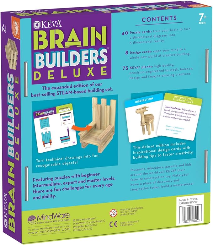 MindWare Keva Brain Builders Deluxe: STEM Building Toy Includes 75 KEVA Planks, 40 Puzzle Cards, 8 Design Cards, 3D Building Skills for Kids - Ages 7+